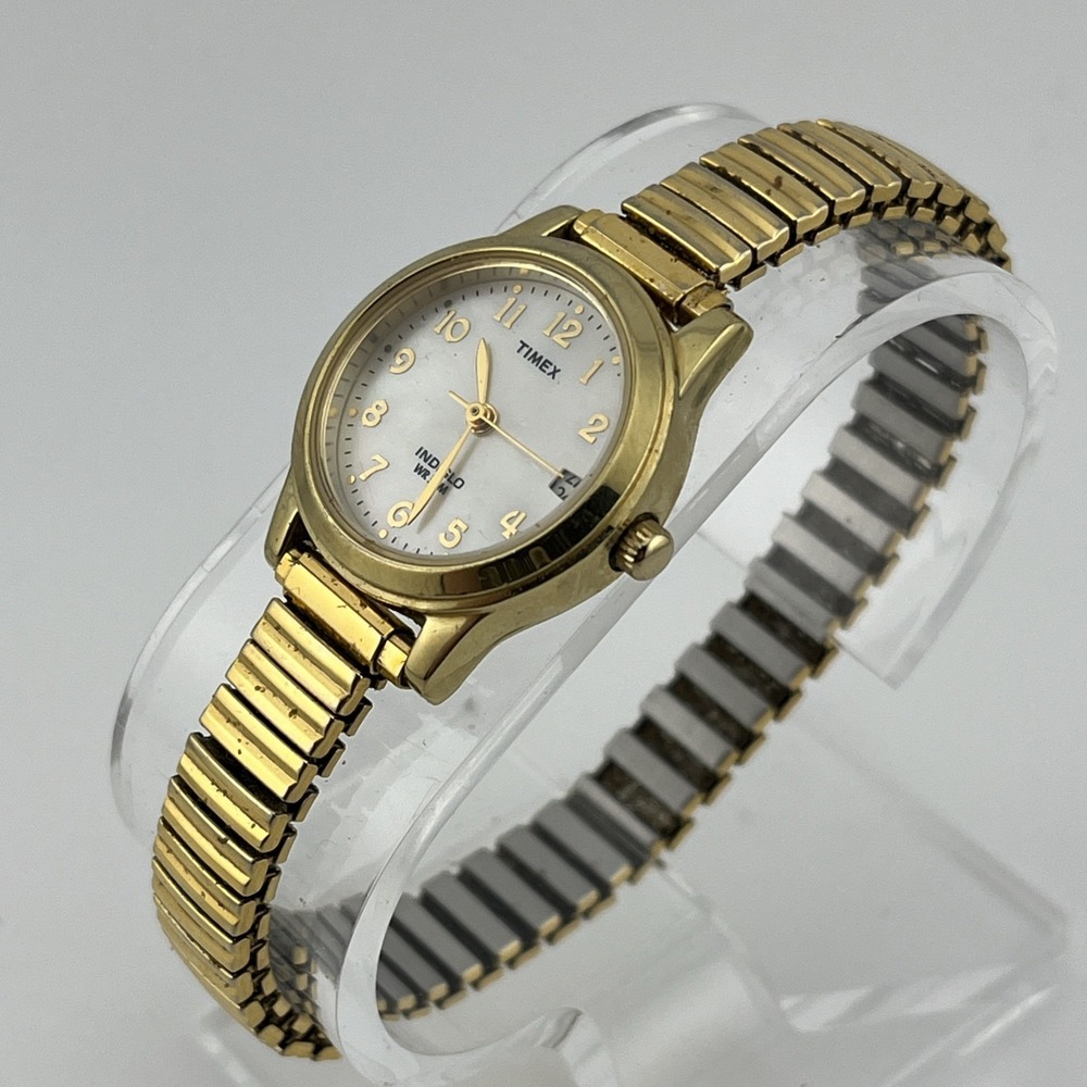 Timex Indiglo Watch Women 25mm Gold Case MOP Dial Stretch Band-‎ New Battery - Picture 3 of 8
